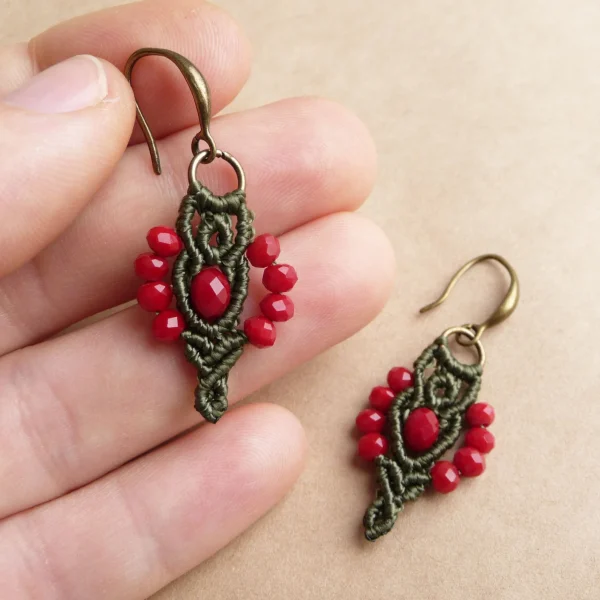 Olive Green Beaded Macrame Earrings