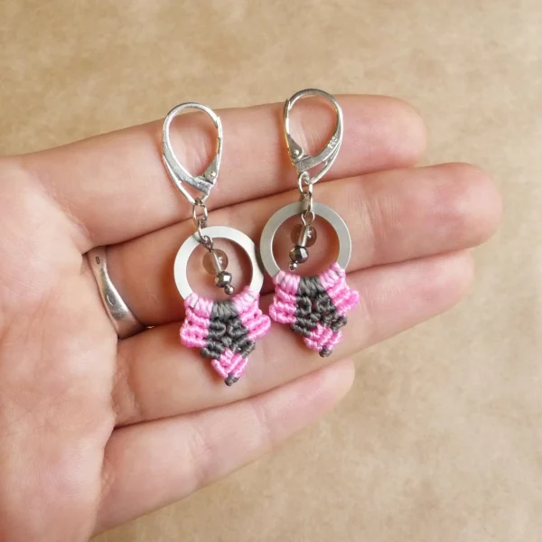 Pink and Gray Macrame Earrings