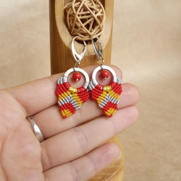 Red and Yellow Macrame Hoop Earrings
